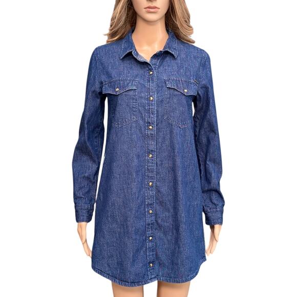 Volcom Pearl Snap Western Denim Mini shirt Dress blue jean rodeo festival Small - Picture 2 of 11